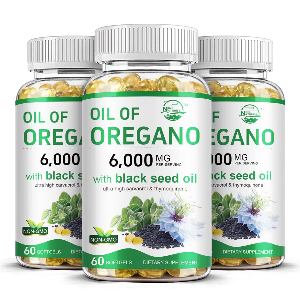 Nature's live Oil of Oregano with Black Seed Oil, 2 in 1 Oregano Supplement for Immune Health, Retains High Concentrated Carvacrol & Thymoquinone, Non-GMO, 3 Pack