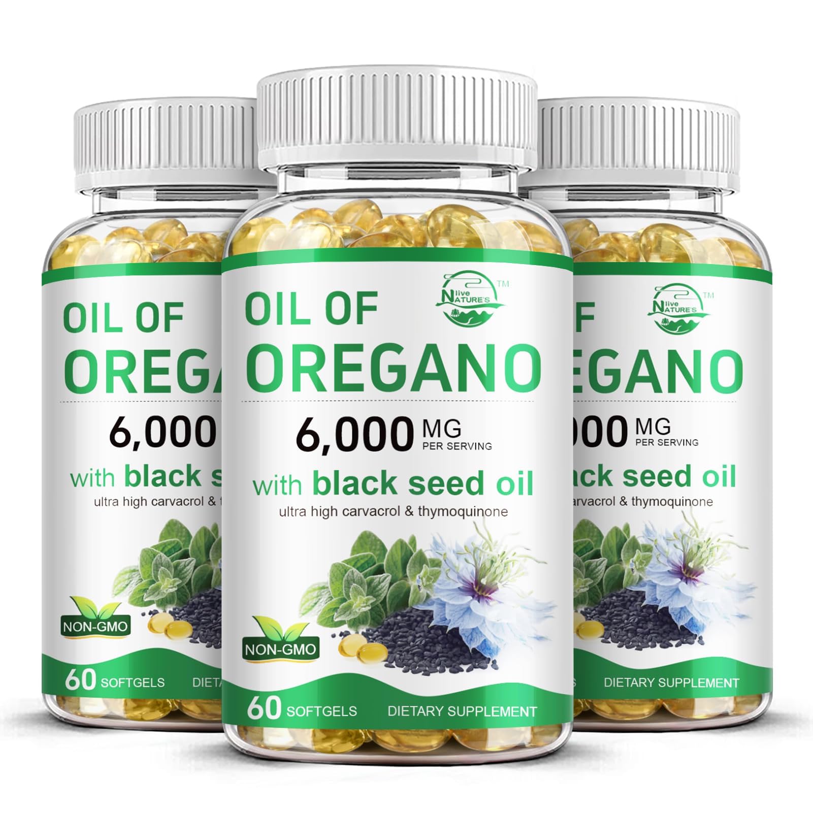 Nature's live Oil of Oregano with Black Seed Oil, 2 in 1 Oregano Supplement for Immune Health, Retains High Concentrated Carvacrol & Thymoquinone, Non-GMO, 3 Pack