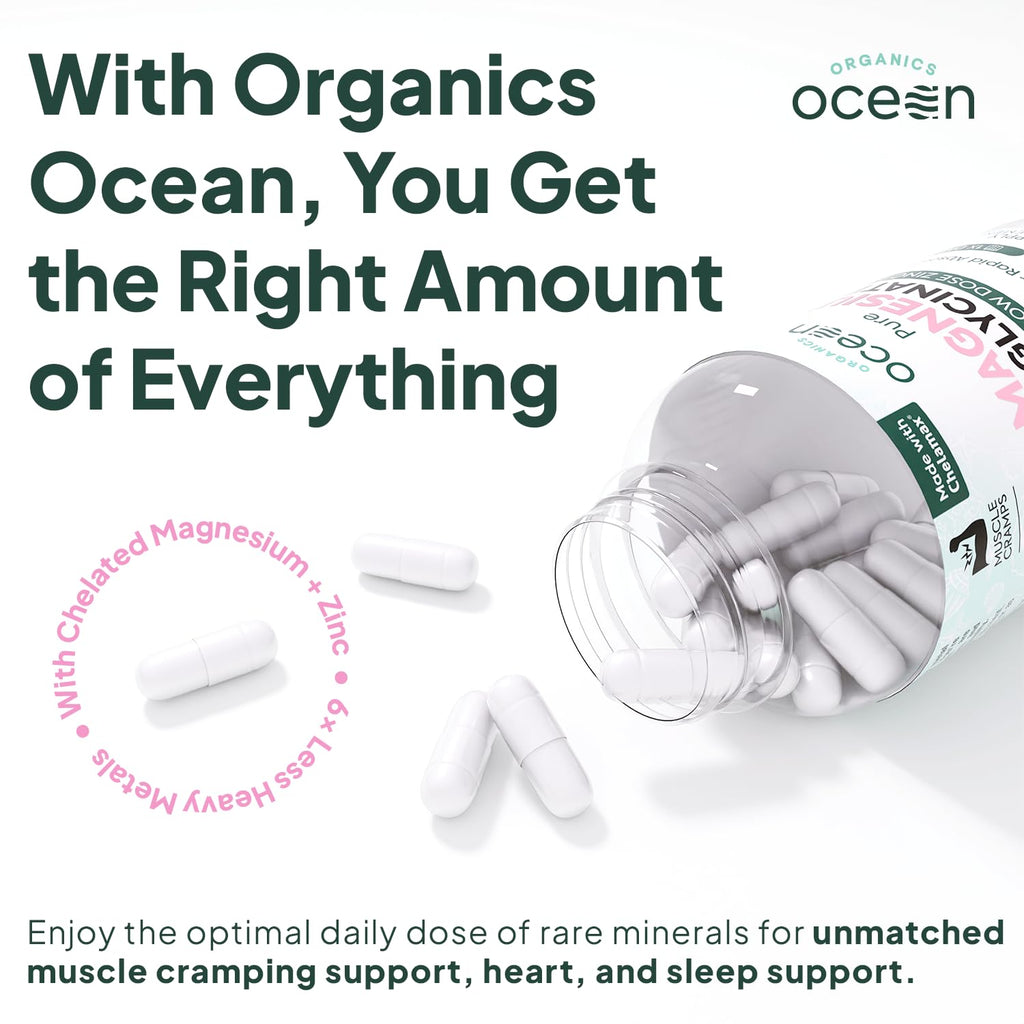 Organics Ocean Pure Magnesium Glycinate with Zinc - Maximum Strength Chelated Magnesium Supplement for Women and Men for Muscle Cramps and Sleep Support - 2 Bottles