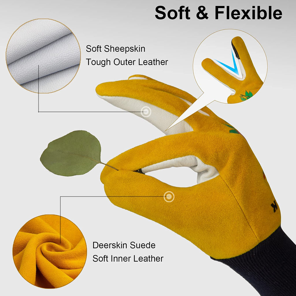 FEISHDEK Cactus Gloves Soft Deerskin Women Gardening Glove Thorn Proof for Cacti Handling (Large - Short Sleeve, Yellow)