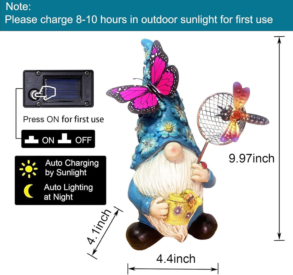 Foreby Garden Gnome Statues Outdoor Decor Solar Gnomes with Butterfly on LED Lighted Flowers, Resin Blue Gnomes Sculpture for Patio Yard Lawn Onament Decoration