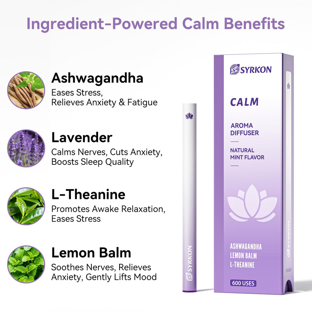 Herbal Diffuser Pen, Supports a Calm Mood | Relaxed Feelings, Mint Flavor, Ashwagandha, Lavender, L-Theanine, Lemon Balm, Vitamin B1 & B6, 600 Uses