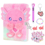 homicozy Axolotl Diary with Lock, Gift for 6 7 8 Year Old Girl, Secret Diary Journal Tie-Dye Fuzzy Notebook with 160 Pages,Cute Stationery Axolotl Gift for Girls