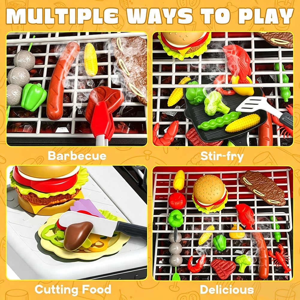 Kids Grill Playset, BBQ Toy Grill with Smoke Sound Light and Wheel, Movable Pretend Play Kitchen Toys Grills for Toddlers 3-5, 2-Layer Barbecue Play Food Christmas Birthday Gifts for Grandkids