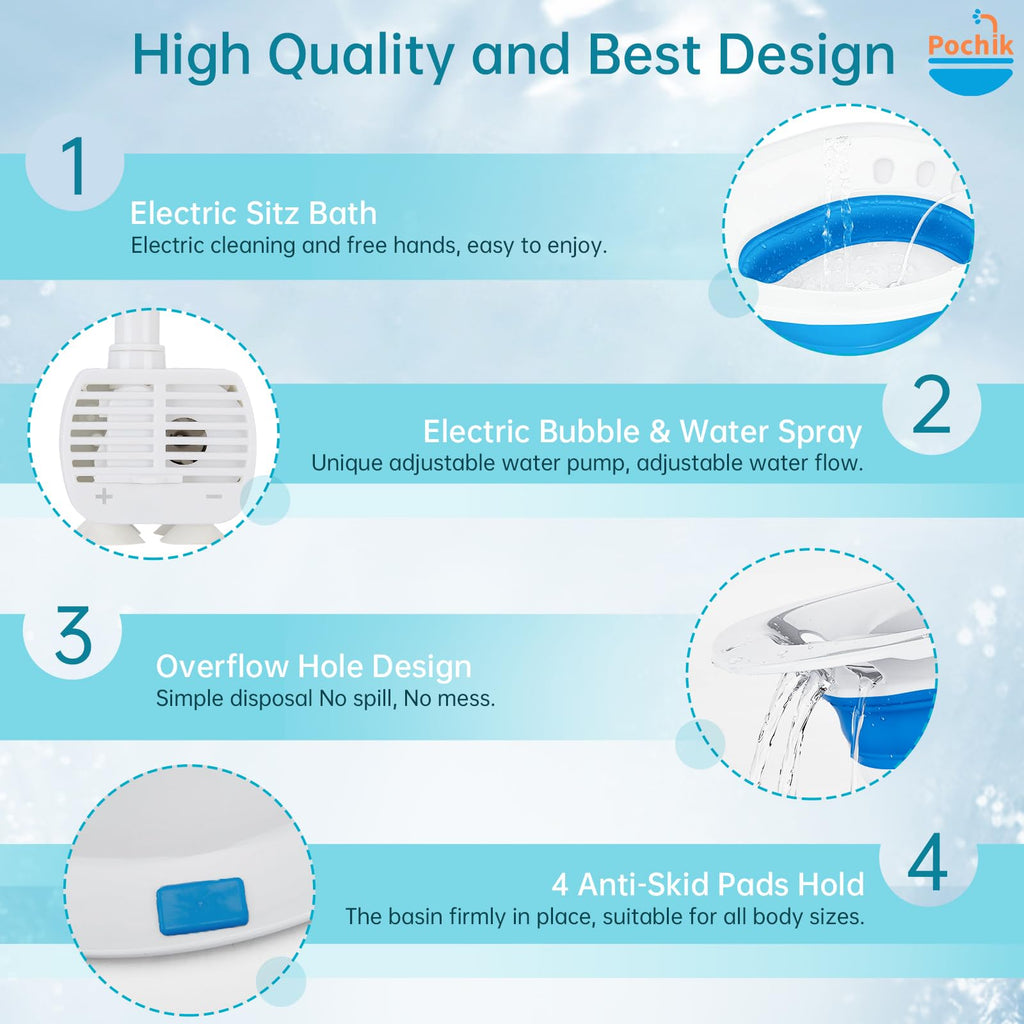 Pochik Electric Sitz Bath, Sitz Bath for Toilet Seat, Postpartum Essentials, Hemorrhoids and Postpartum Care Tub for Soak, Sits Bath Kit for Women, Collapsible, Drain Holes