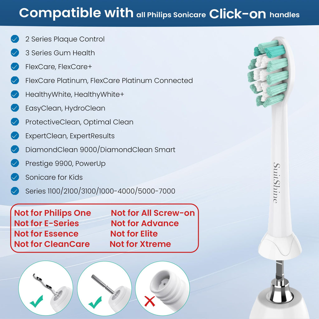 SuitShine Replacement Toothbrush Heads Compatible with Philips Sonicare and More Click-on Handles 6 Pack White