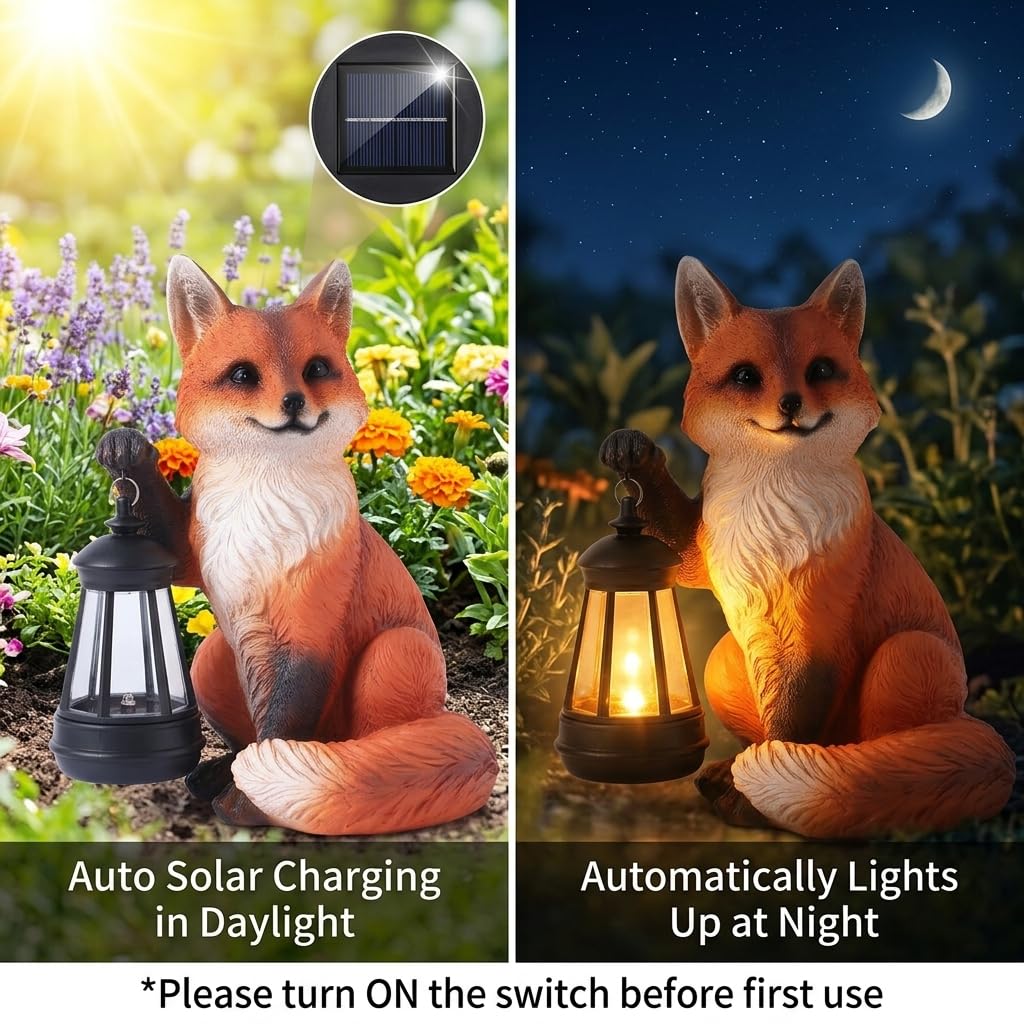 Solar Fox Garden Statue with Lantern, Woodland Fox Outdoor Decor, 9 inch