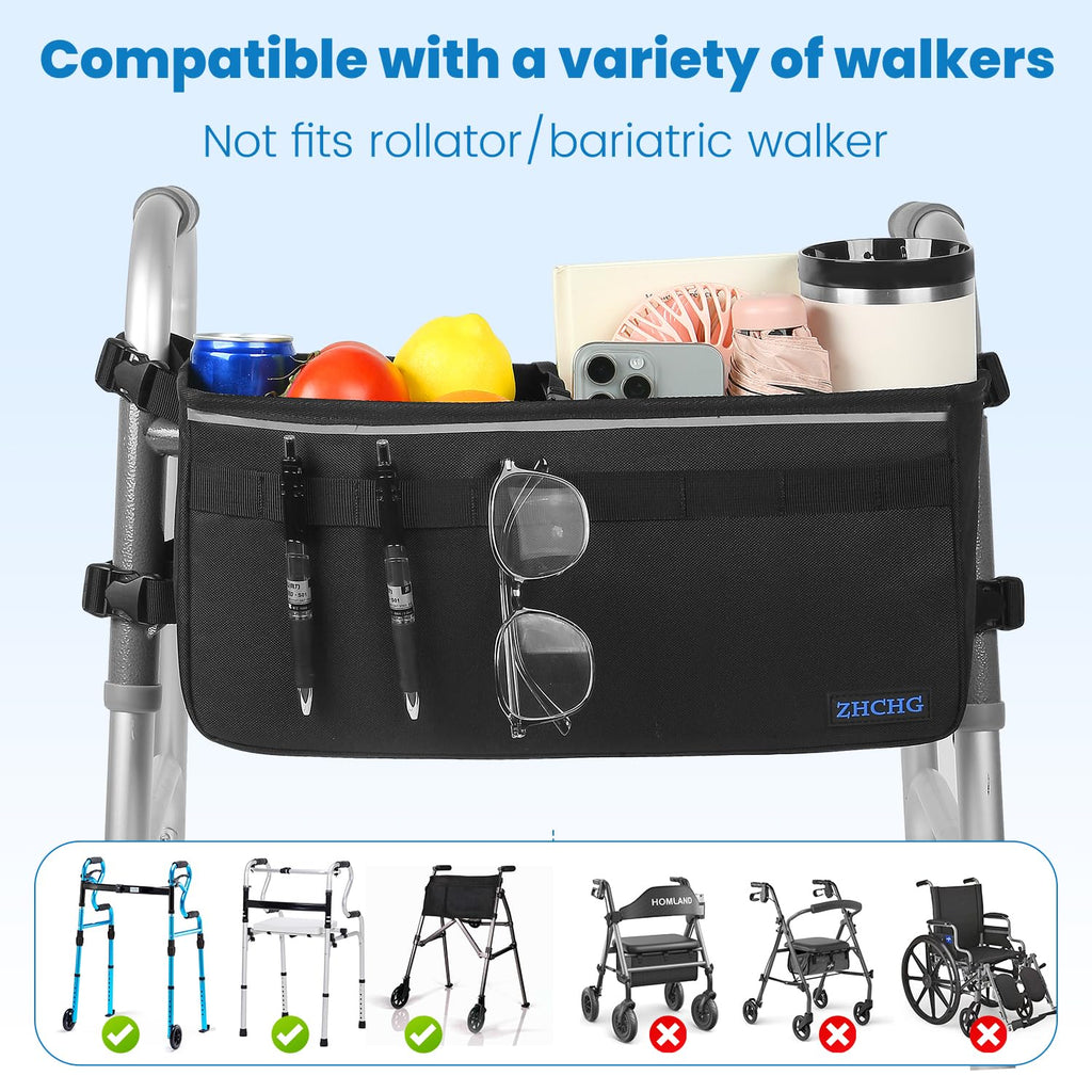 ZHCHG Walker Basket for Seniors, Walker Accessories, Folding Walker Bag with Large Capacity & Never Tipping Over, Best Gift- Black (Not Fit Rollator Walkers)