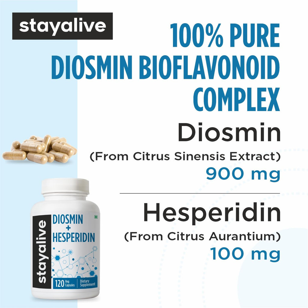 STAY ALIVE Diosmin Hesperidin 1000mg Complex, 120 Count, Citrus Bioflavonoids Rich Fruit Extract, 2 Month Supply, 100% Vegetarian, Non-GMO & Gluten Free Hesperidin and Diosmin Supplement Capsules