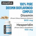 STAY ALIVE Diosmin Hesperidin 1000mg Complex, 120 Count, Citrus Bioflavonoids Rich Fruit Extract, 2 Month Supply, 100% Vegetarian, Non-GMO & Gluten Free Hesperidin and Diosmin Supplement Capsules