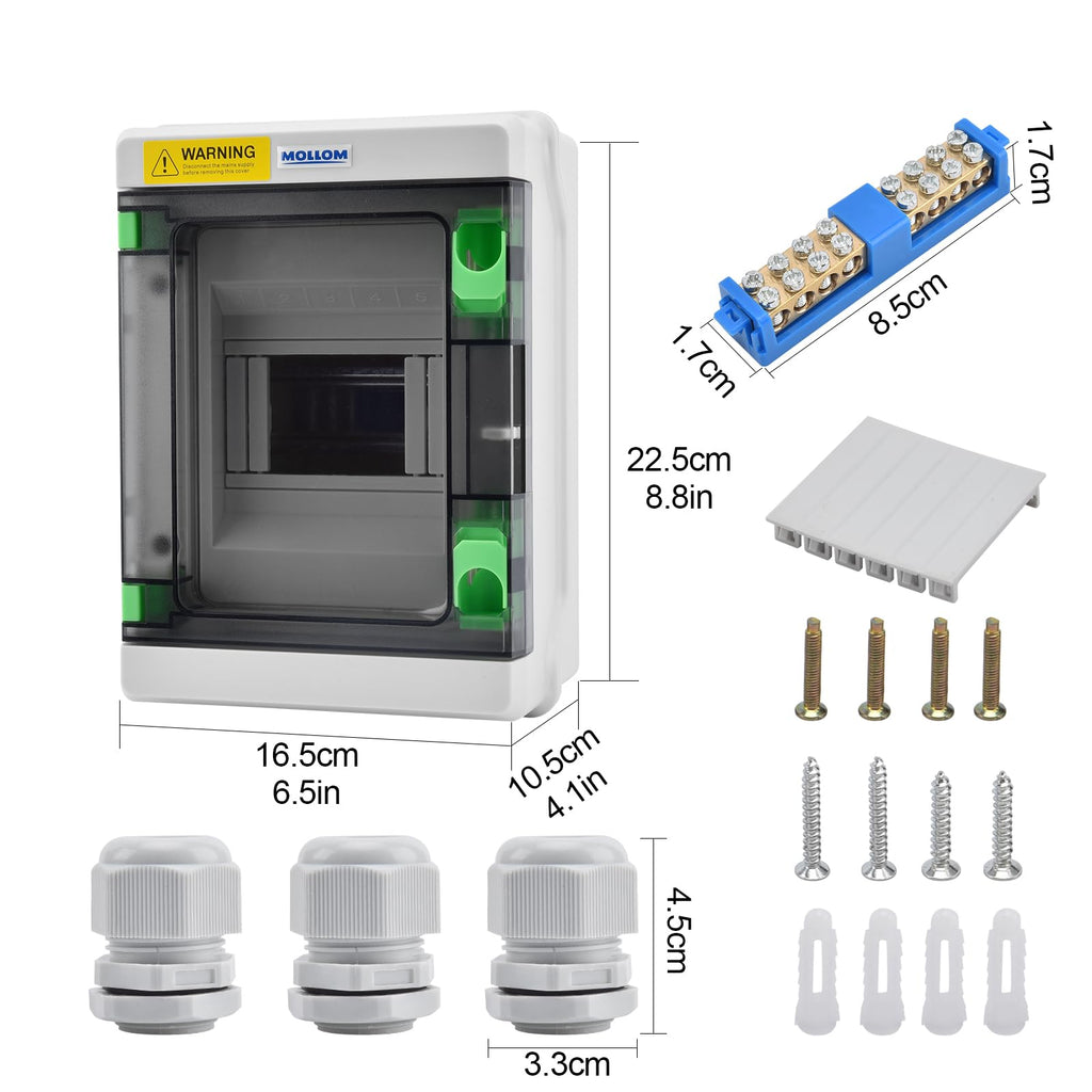 Mollom 5 Way HA Series Power Distribution Box with Bus Bars and Din Rail for Miniature Circuit Breaker MCB,Waterproof IP66,Solar Power Distribution Panel for Indoor and Outdoor Use