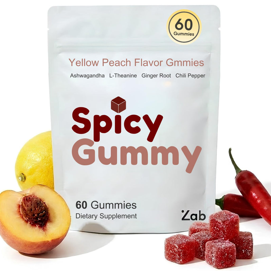 ZAB Spicy Gummies Cubes Ashwagandha 45mg with L-Theanine & Caffeine – Energy, Calm & Mood Support Gummies for Couples – Vegan Yellow Peach Flavor, 60 Count