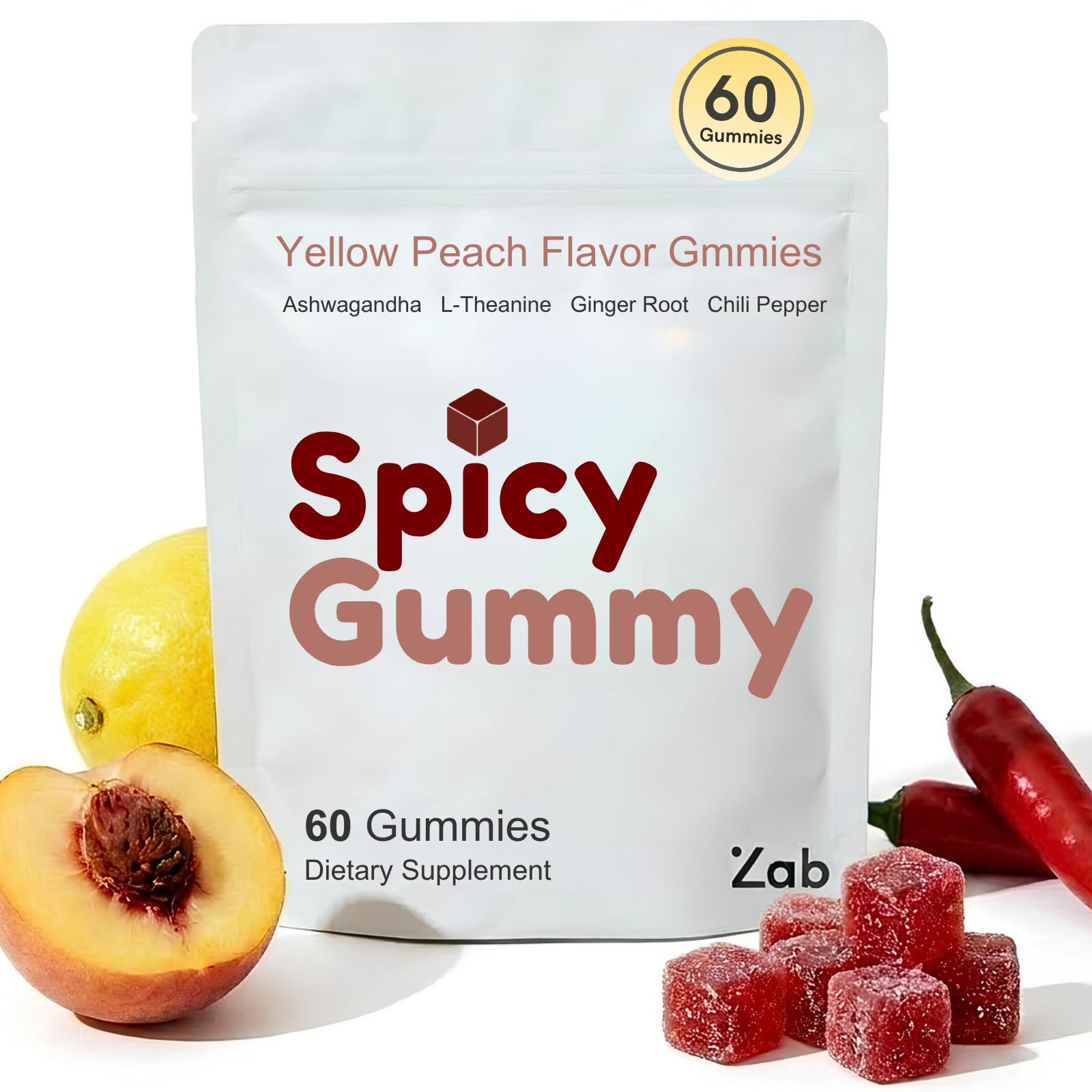 ZAB Spicy Gummies Cubes Ashwagandha 45mg with L-Theanine & Caffeine – Energy, Calm & Mood Support Gummies for Couples – Vegan Yellow Peach Flavor, 60 Count