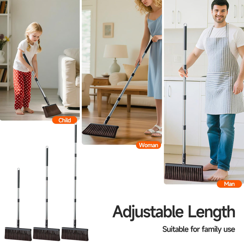 CTIME Broom and Dustpan Set, Extra Brush Head & 52" Adjustable Long Handle Standing Dustpan Set, with Dust Pan Teeth to Clean Pet Hair, Easy Sweeping Suitable for Home Kitchen Office Lobby
