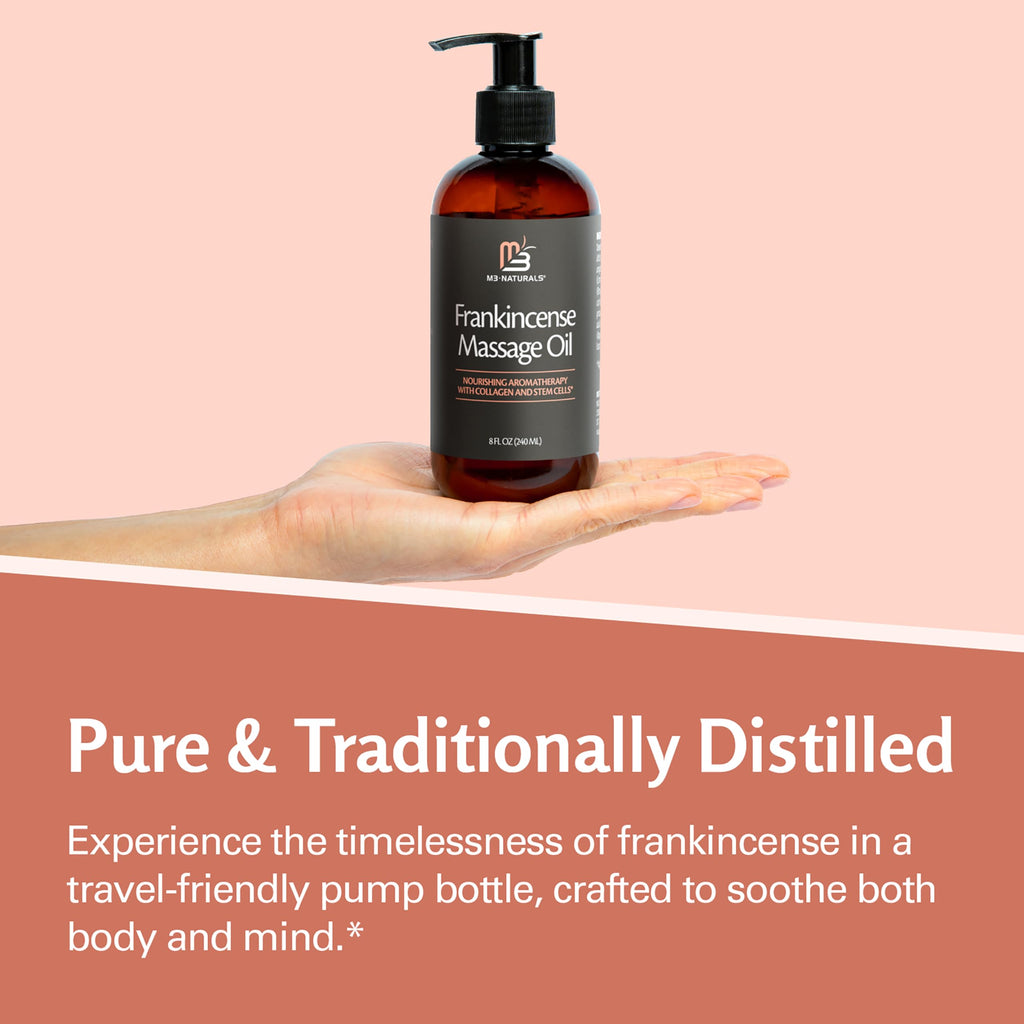 Frankincense Essential Massage Oil for Scars, Stretch Marks & Fine Lines, Firming, Hydrating, Smoothing & Calming Formula with Collagen, Stem Cells, Lavender & Grapefruit, 8 fl oz, by M3