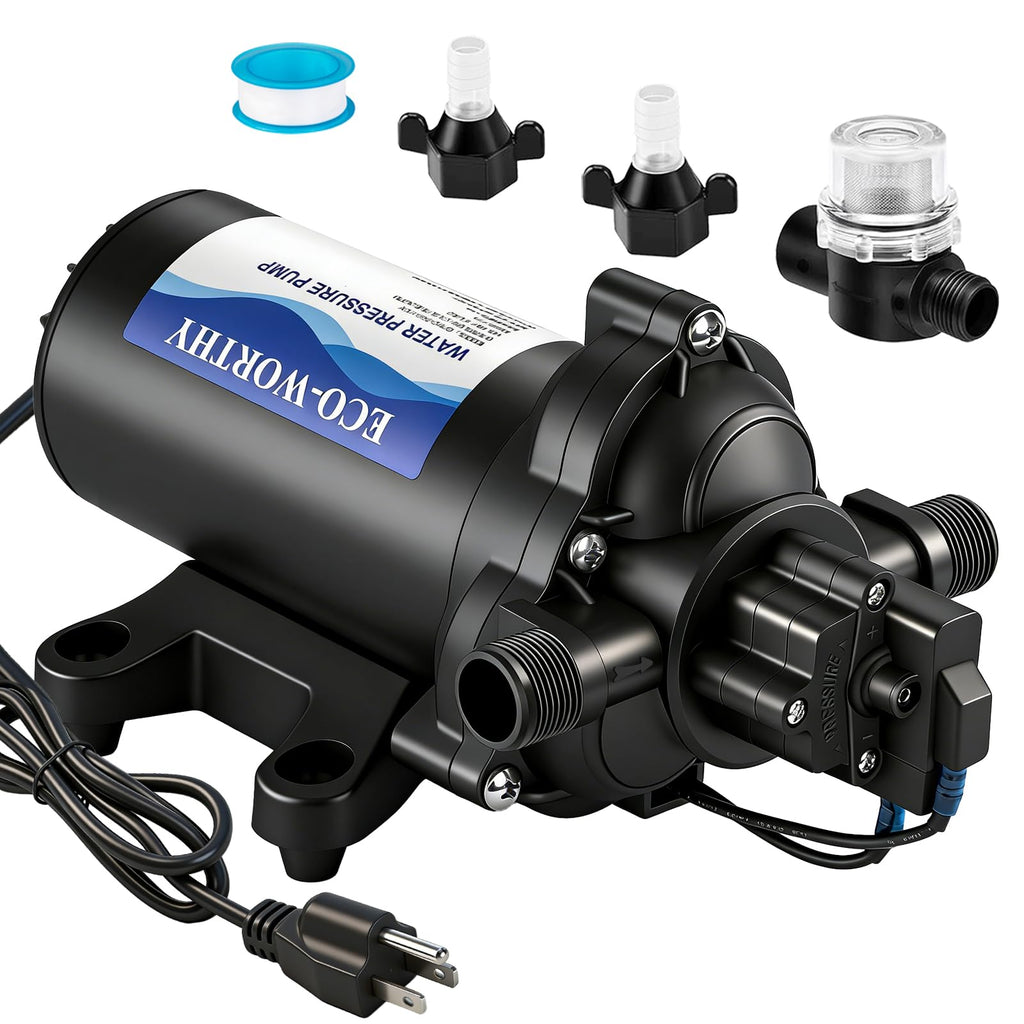 ECO-WORTHY 33-Series Water Pressure Diaphragm Pump Industrial 110V AC 4.0GPM Flow 50PSI Rated Pressure Self Priming RV Fresh Water Pump for Camper Kitchen Bathroom Marine Yacht Caravan