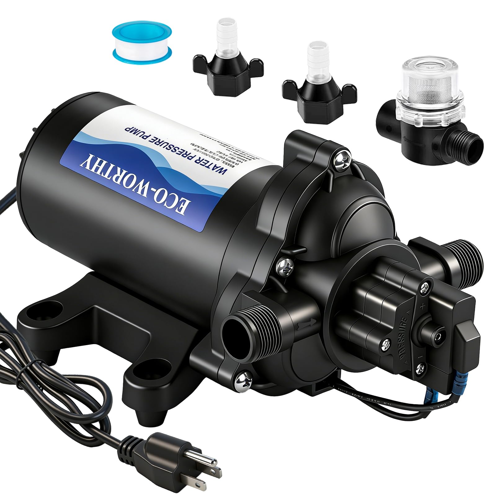 ECO-WORTHY 33-Series Water Pressure Diaphragm Pump Industrial 110V AC 4.0GPM Flow 50PSI Rated Pressure Self Priming RV Fresh Water Pump for Camper Kitchen Bathroom Marine Yacht Caravan