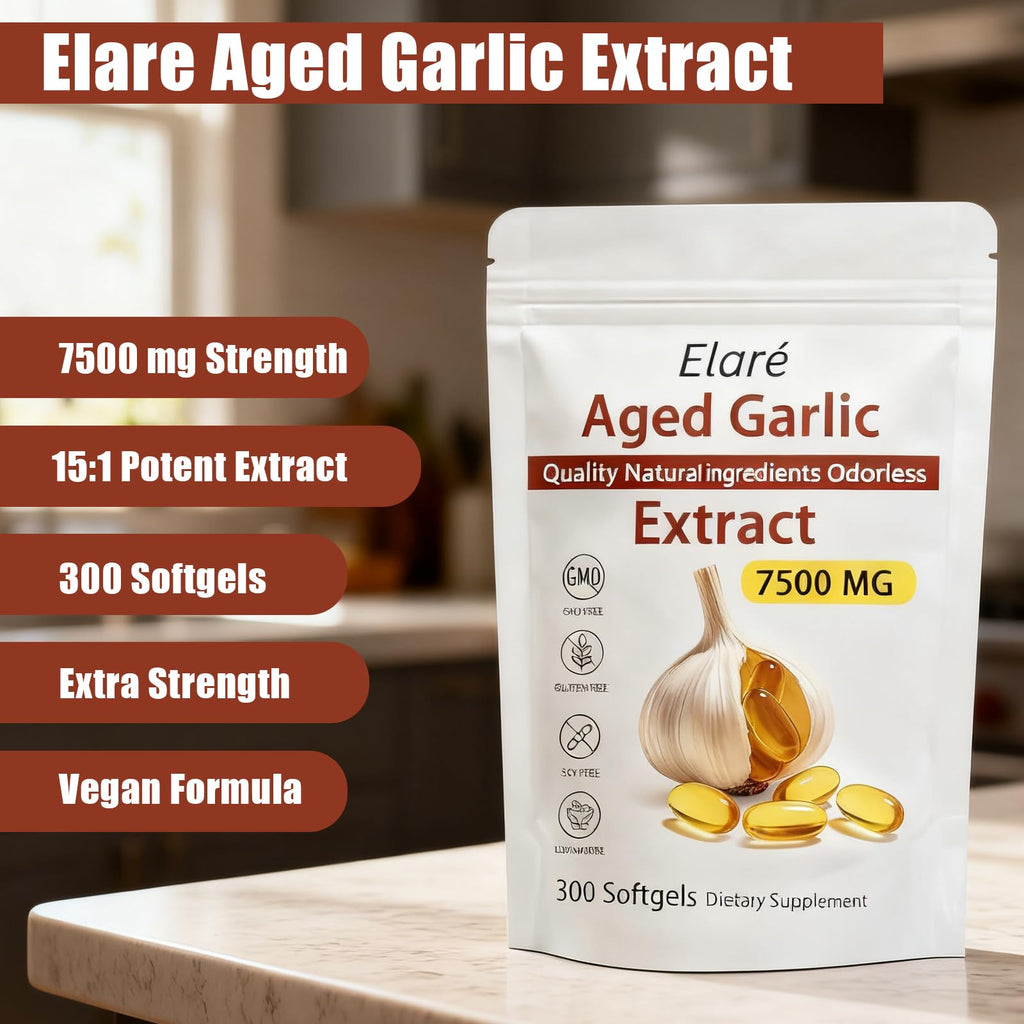 ELARE Aged Garlic Extract - 7500mg Odorless Per Servings, Potent Antioxidant Supplement, Immune Support, Vegetarian, All-Natural, Non-GMO, 300 Softgels