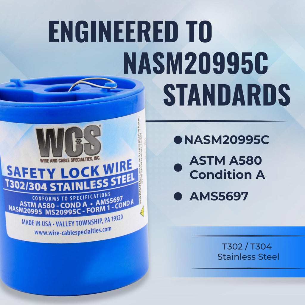 WCS .021 Stainless Steel Safety Lock Wire, T302/304, NASM20995C MS20995C, ASTM A580 Condition A, AMS569, Mechanics Wire for Aircraft, Automotive, & Industrial Use, 1lb Dispenser Can, Approx 840 ft