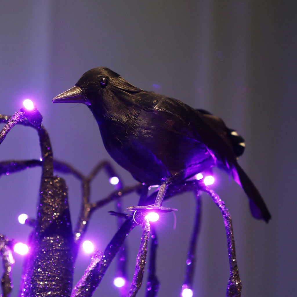 ATDAWN 6 Pack Halloween Black Feathered Crows, Realistic Halloween Birds Decoration for Spooky Décor