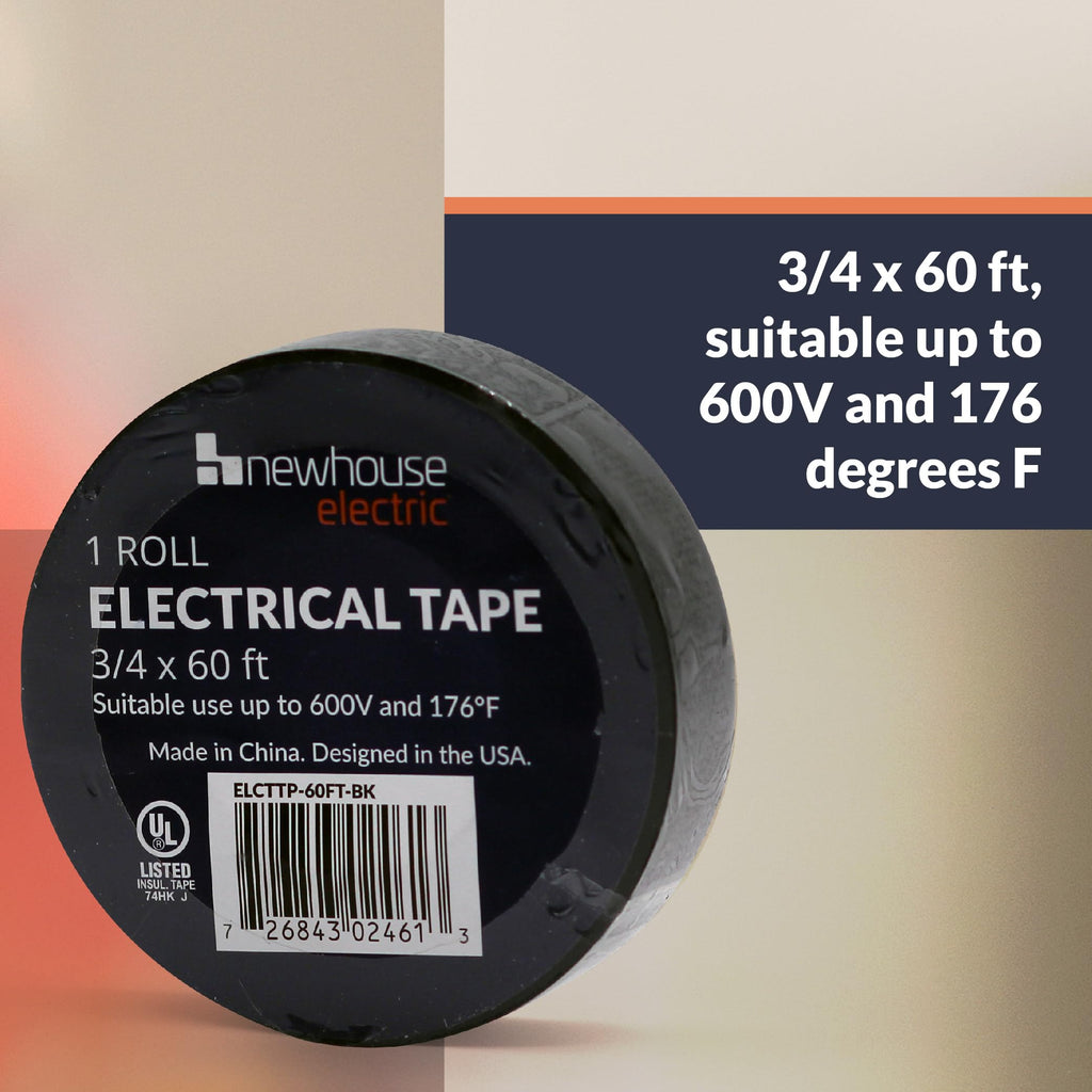 Newhouse Electric 3/4-in. x 60 ft. Black Electrical Tape Roll ELCTTP-60FT-BK, Black Vinyl Insulation Tape for Electrical Wire Sheathing Rated for 600V and up to 176 Degrees F