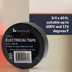 Newhouse Electric 3/4-in. x 60 ft. Black Electrical Tape Roll ELCTTP-60FT-BK, Black Vinyl Insulation Tape for Electrical Wire Sheathing Rated for 600V and up to 176 Degrees F