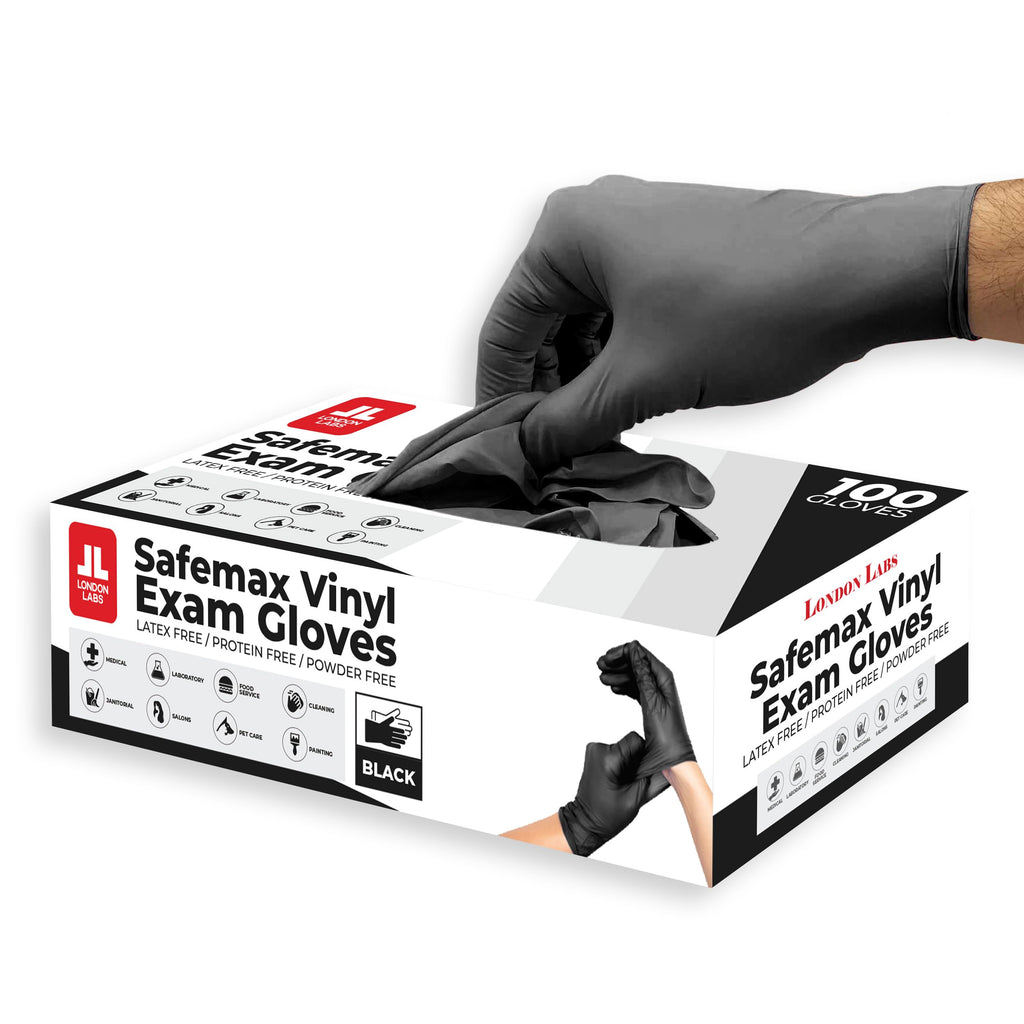 London Labs Black Synthetic Vinyl Exam Gloves Powder Free and Latex Free (Medium, 100 Count)