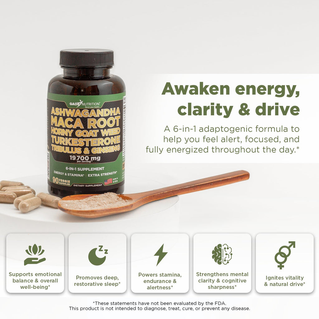 Gade Nutrition Ashwagandha with Maca Root, Horny Goat Weed, Turkesterone Supplement, Tribulus Terrestris, Panax Ginseng | 90 Vegetable Capsules for Energy, Stamina, Performance. | Made in USA