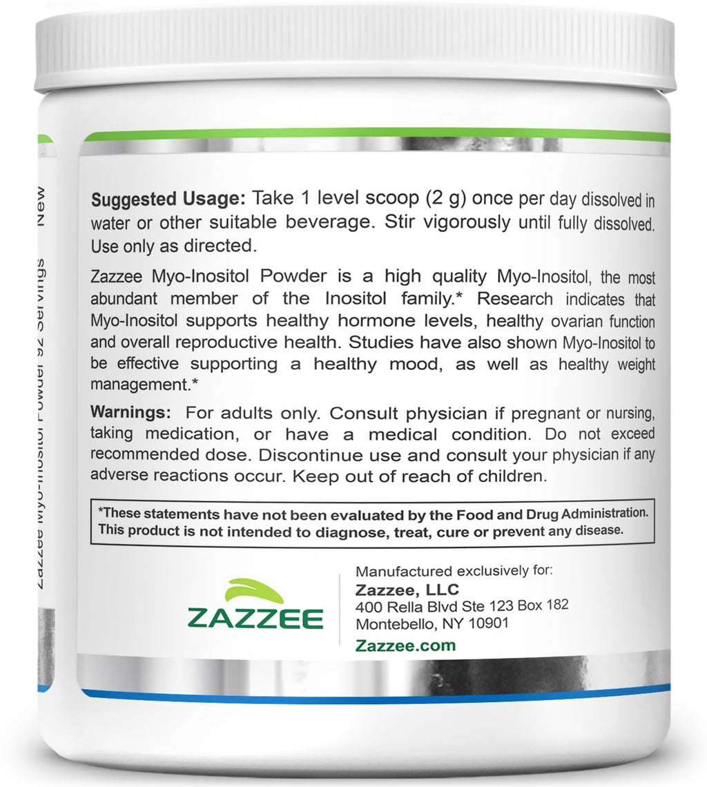 Zazzee Myo-Inositol Powder, 3 Month Supply, 92 Servings, 2000 mg per Serving, Free Scoop for Exact Dosage, 6.49 Ounces, Certified Kosher, 100% Pure, Fertility & Reproductive Support, Made in the USA