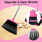 XXFLOWER Broom and Dustpan Set, Long Handle Lightweight Dustpans with Broom Combo for Home, Indoor&Outdoor Sweeping for Home Room Kitchen Office Lobby (Black Pink)