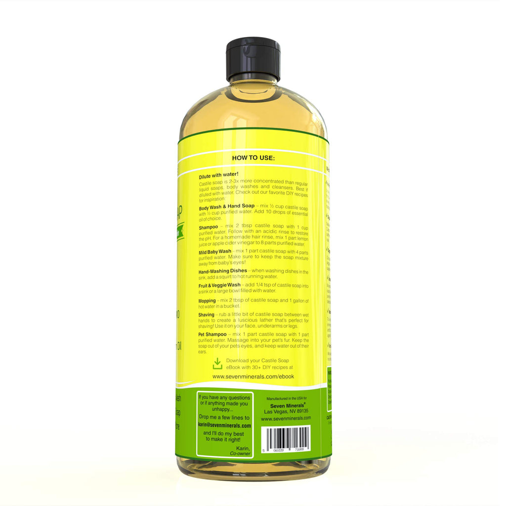 Seven Minerals, EWG Verified Castile Soap 33.8 fl oz - No Palm Oil, GMO-Free - Unscented Mild & Gentle Liquid Soap For Sensitive Skin & Baby Wash - All Natural Vegan Formula with Organic Carrier Oils