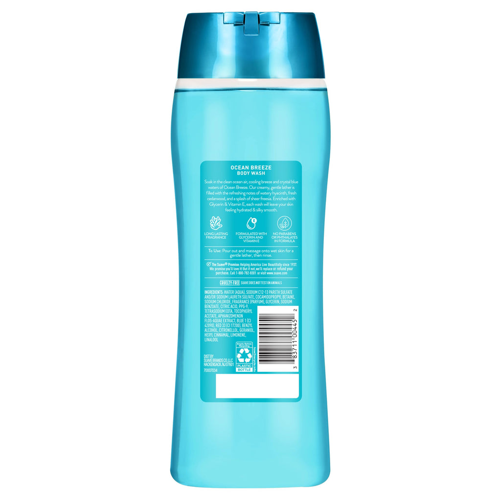Suave Ocean Breeze Moisturizing Body Wash with Glycerin & Vitamin E, Hydrating Formula For Soft, Smooth Skin, Long Lasting Fragrance, 18 FL OZ, 6 Count