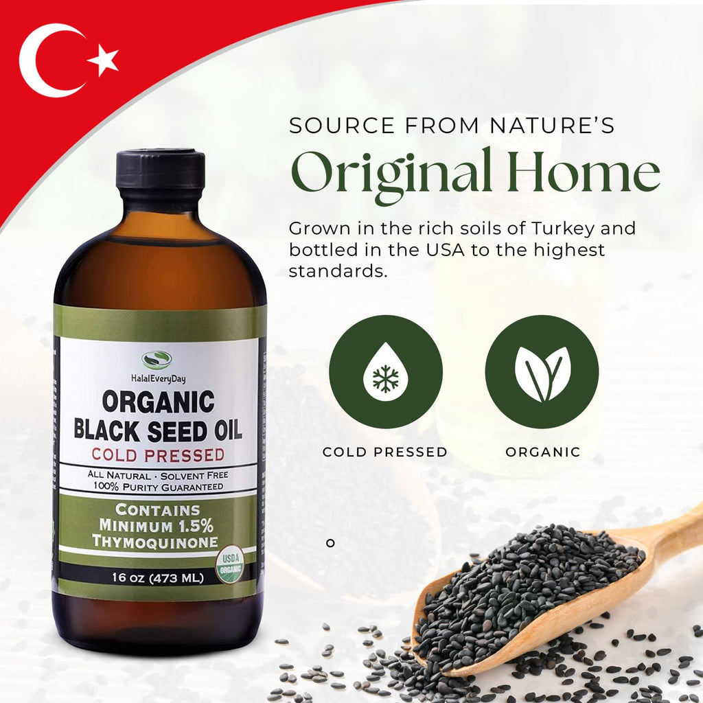 HalalEveryDay Organic Black Seed Oil - USDA Certified, Cold Pressed Glass Bottle 16oz - Over 1.5% Thymoquinone Turkish Black Cumin Nigella Sativa Non-GMO 100% Pure Blackseed Oil