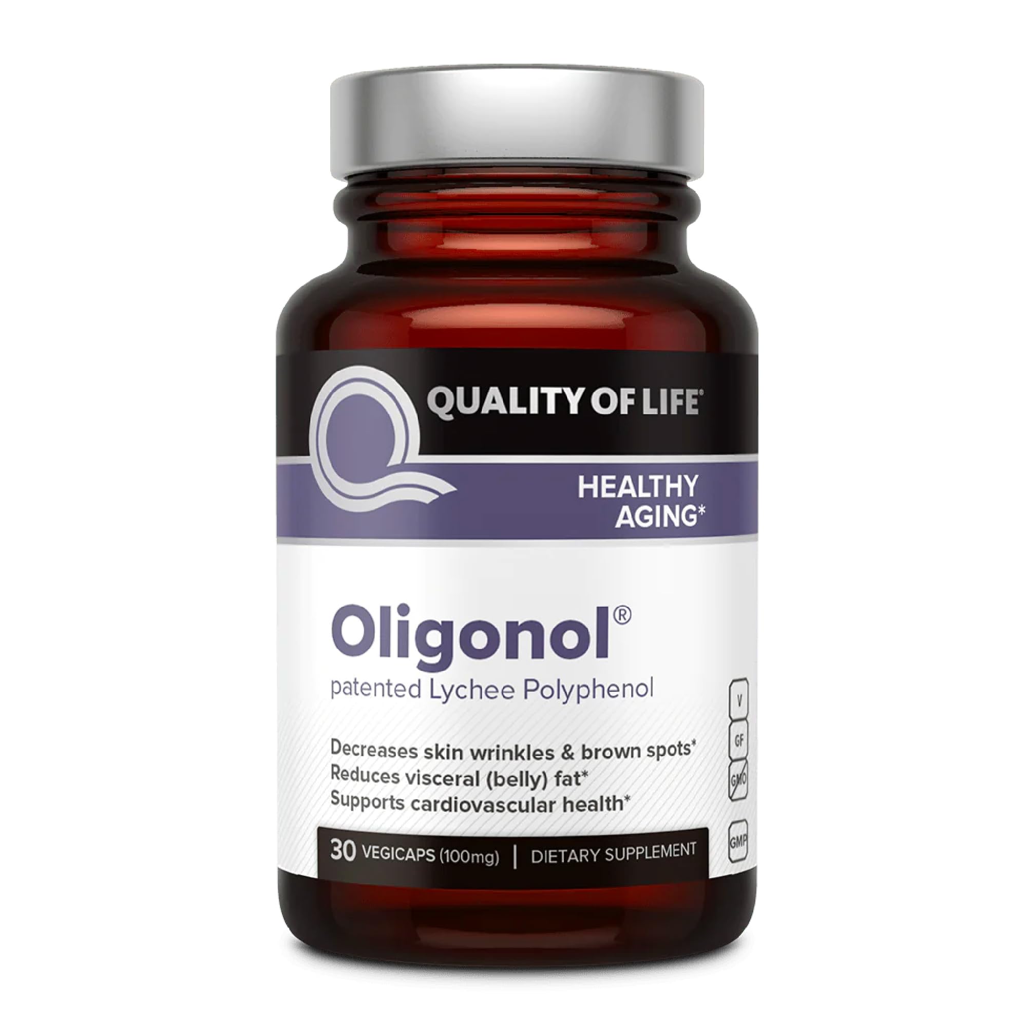 Quality of Life Oligonol Premium Anti Aging Supplement - Promotes Cardiovascular Health, Circulation & Youth, Includes Antioxidants - Lychee Fruit Extract - 30 Vegicaps