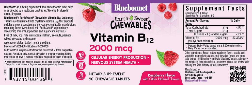 BlueBonnet Nutrition Earth Sweet Vitamin B12 2000 mcg Chewable Tablets, Soy-Free, Gluten-Free, Kosher Certified, Dairy-Free, Vegan, Raspberry Flavored, 90 Chewable Tablets, 90 Servings (Pack of 2)