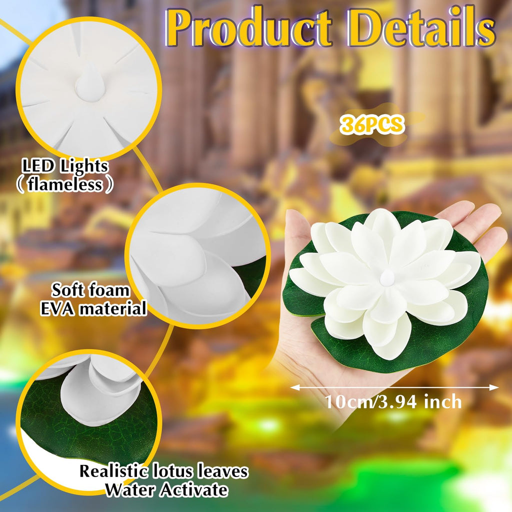 Liliful 36 Pcs Floating Lights Lotus Floating Lanterns Artificial Lily Pads with LED Lights Battery Operated for Pool Party Garden & Pond Summer Decoration (3.94 Inch,White)