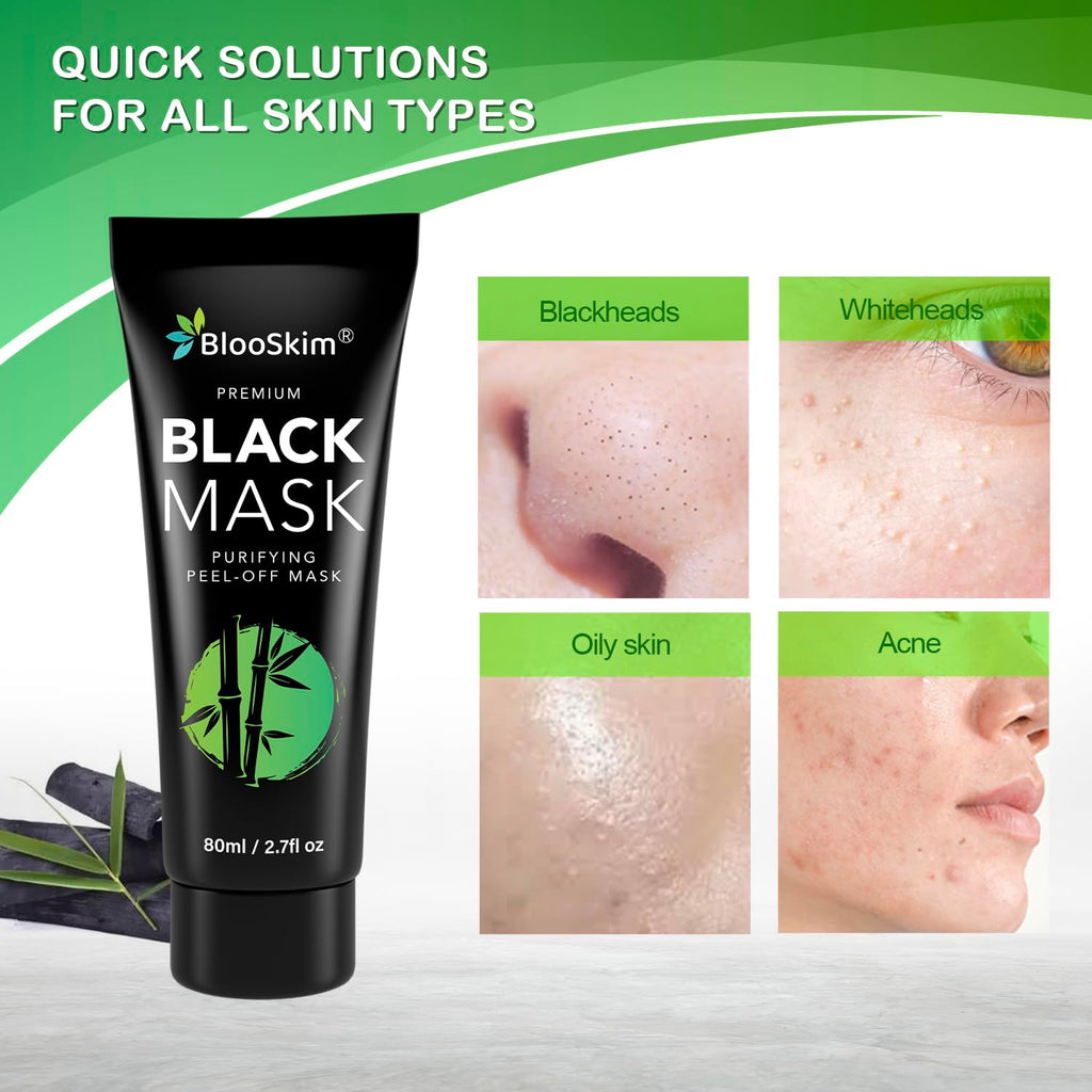 Blooskim Black Peel Off Face Mask – Charcoal Peel Off Face Mask for Oily & Combination Skin – Helps Remove Excess Oil & Lift Away Surface Impurities – Refreshing Botanical Formula, 2.8 fl oz - 2Packs