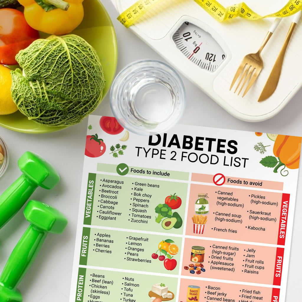 Diabetes Diet Poster, 12x18 Inches Unframed - Type 2 Nutrition Sheet, Low Carb Food List, Diabetic Grocery Guide