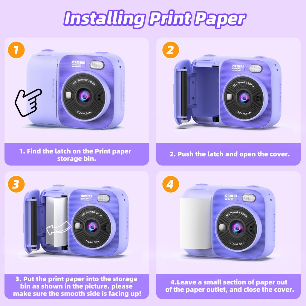 Kids Instant Print Camera with 5 Rolls Print Paper, 1080P HD Camera, Rechargeable Portable Toddler Selfie Camera, Christmas Birthday Gifts Toys for Boys Girls Age 3-12 (Purple)