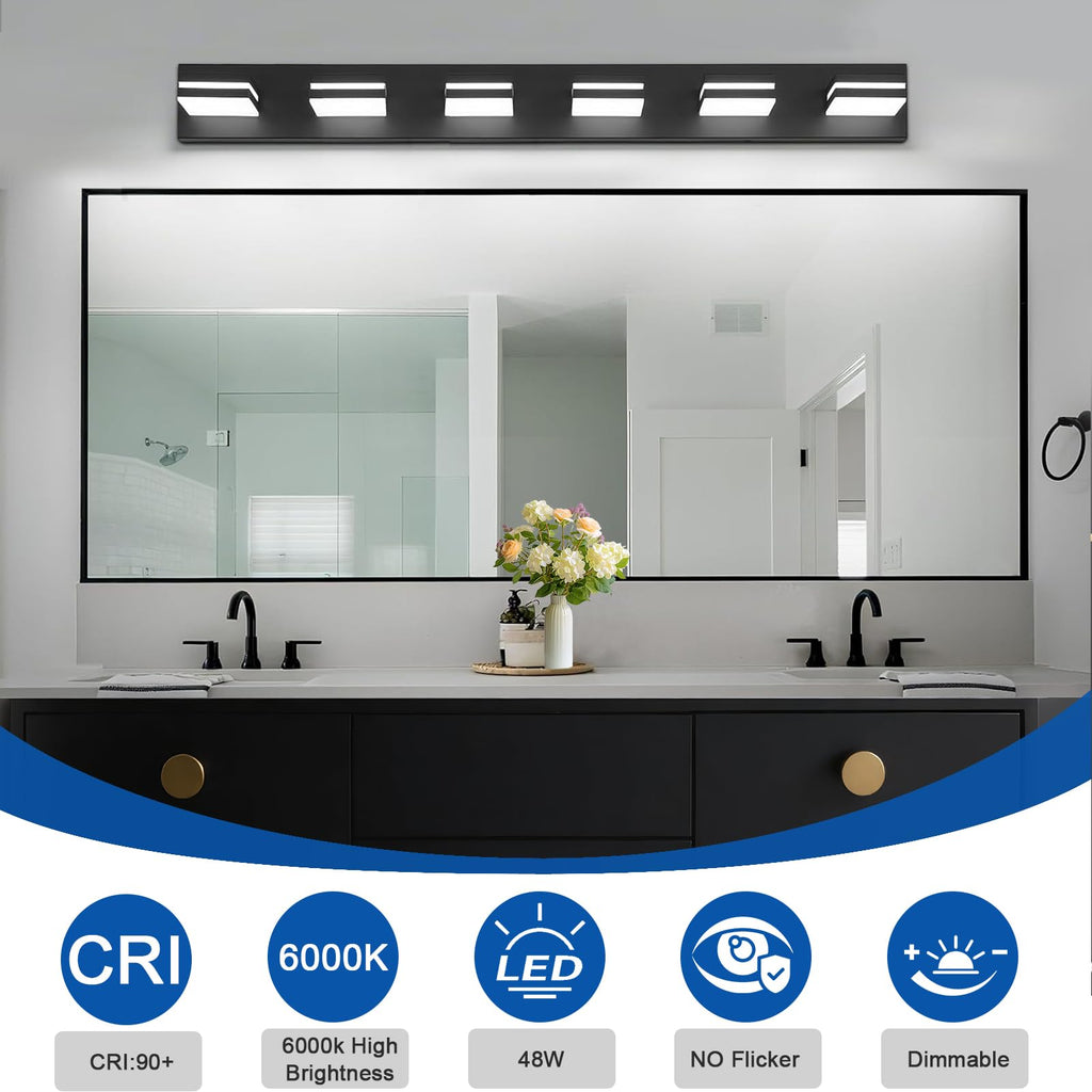 IZORRO LED Modern Bathroom Lights Fixtures(6-Light,Dimmable,360°Rotate),Matte Black Acrylic Wall Lighting,Vanity Lights for Bathroom Over Mirror - 6000k 36In （No Assembly Required）