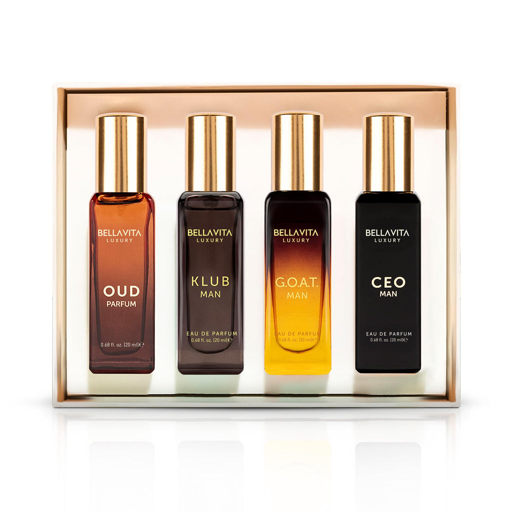 BellaVita Luxury Men's Perfume Gift Set with CEO Man, G.O.A.T., KLUB & OUD | 4 x 20ml (80ml) | Long Lasting Perfume for Men | Citrus, Woody, Patchouli & Caramel Notes