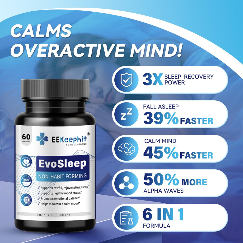 EEKEEPHIT 6 in 1 Melatonin-Free Sleep Aid Sleep Complex with Ashwagandha, GABA, L-Theanine & 5-HTP, VIT B6(P5P) for Adults, Supports Deep Relaxation, 30 Vegan Capsules