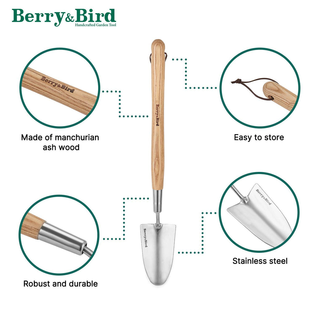 Berry&Bird Stainless Steel Gardening Trowel, 23.43in Ash Wooden Long Handle