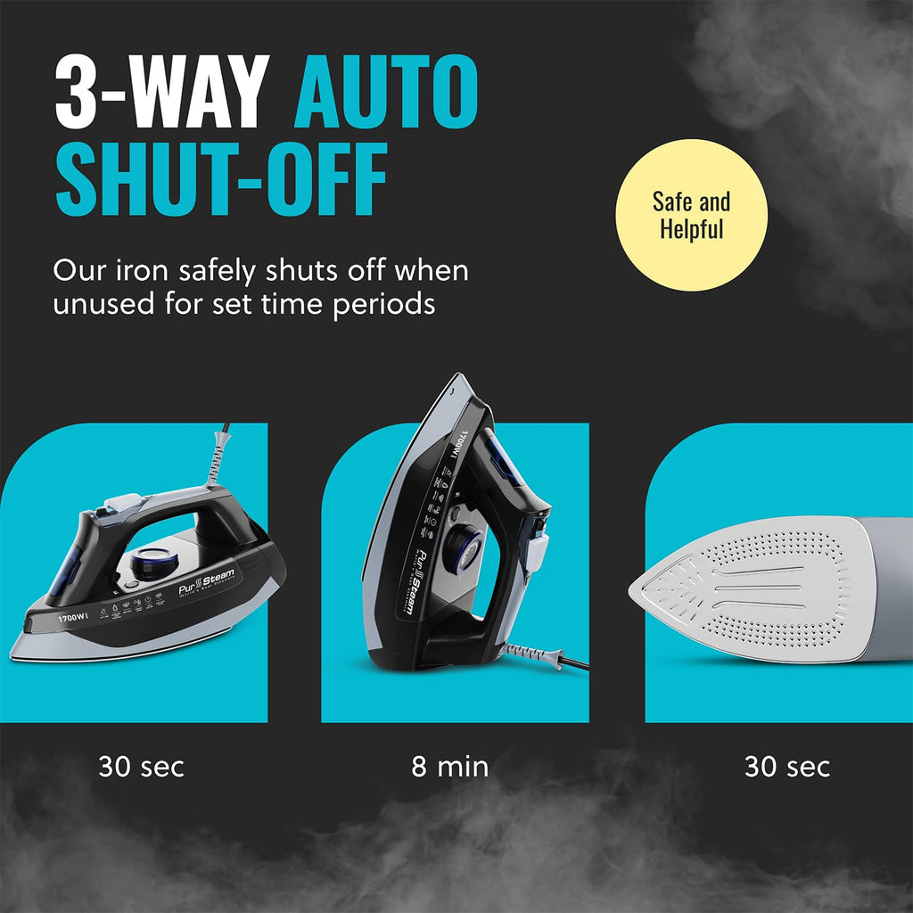 Pursteam Steam Iron for Clothes 1700W with Self-Cleaning Nonstick Stainless Steel Soleplate, Auto Shutoff, Anti-Drip