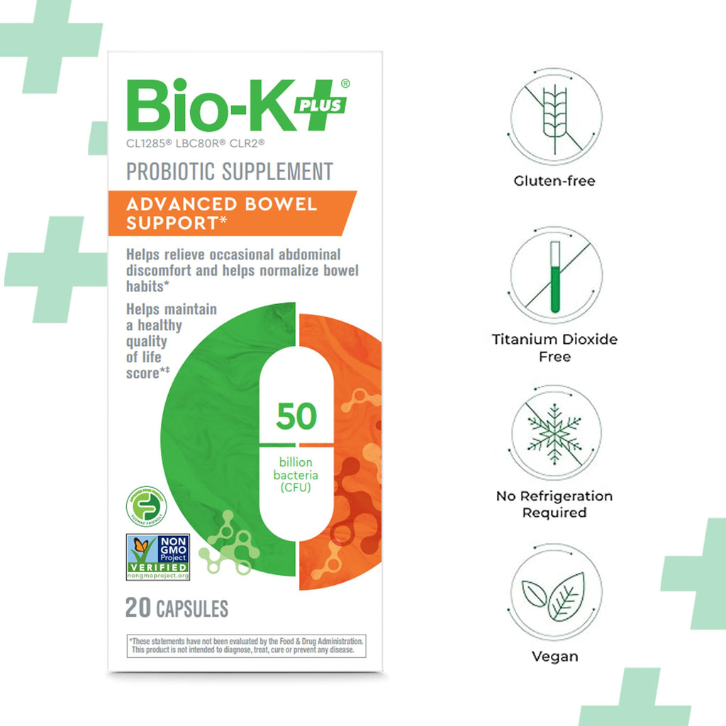 Bio-K+ Probiotic Advanced Bowel Support – 50 Billion CFU – Vegan, Gluten-Free, Non-GMO – Supports Digestive Health & Regularity – for Men & Women – 20 Probiotic Capsules