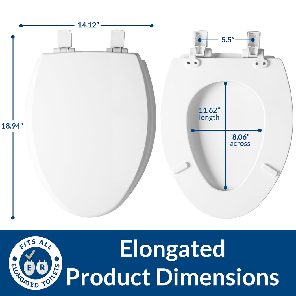 Mayfair Cassel slow close toilet seat, easy clean non-slip premium wood seat, install, made in USA, elongated, white