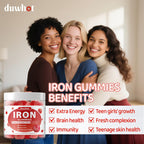 Iron Gummies for Women Teen Girls, Ferrous Gluconate 324 mg with Vitamin C, Iron Supplement Plus Vitamin A, B, Folate, Copper, Zinc, Energy & Blood Support, Immune Health, Sugar Free 60 Gummies