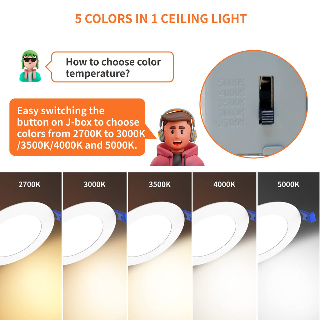 Meconard 4 Pack 6 Inch LED Recessed Ceiling Light, 2700K/3000K/3500K/4000K/5000K Selectable, Dimmable 12W=110W, 1050LM, IC Rated Can-Killer Downlights with Junction Box, ETL and Energy Star Listed