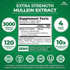 Zazzee Extra Strength Mullein 10:1 Extract, 3000 mg Strength, 120 Vegan Capsules, 4 Month Supply, Certified Kosher, Lung and Respiratory Support, 100% Pure Leaf Powder, Non-GMO, Made in The USA