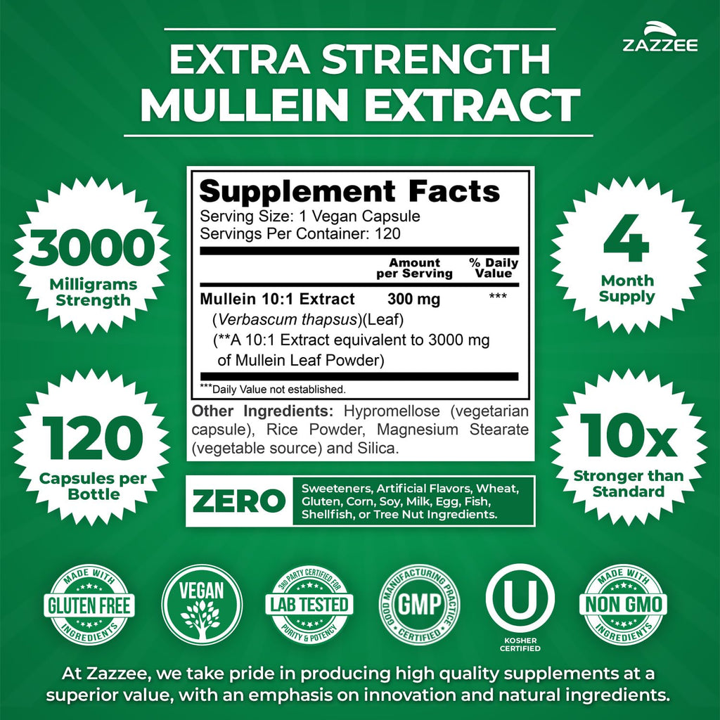 Zazzee Extra Strength Mullein 10:1 Extract, 3000 mg Strength, 120 Vegan Capsules, 4 Month Supply, Certified Kosher, Lung and Respiratory Support, 100% Pure Leaf Powder, Non-GMO, Made in The USA